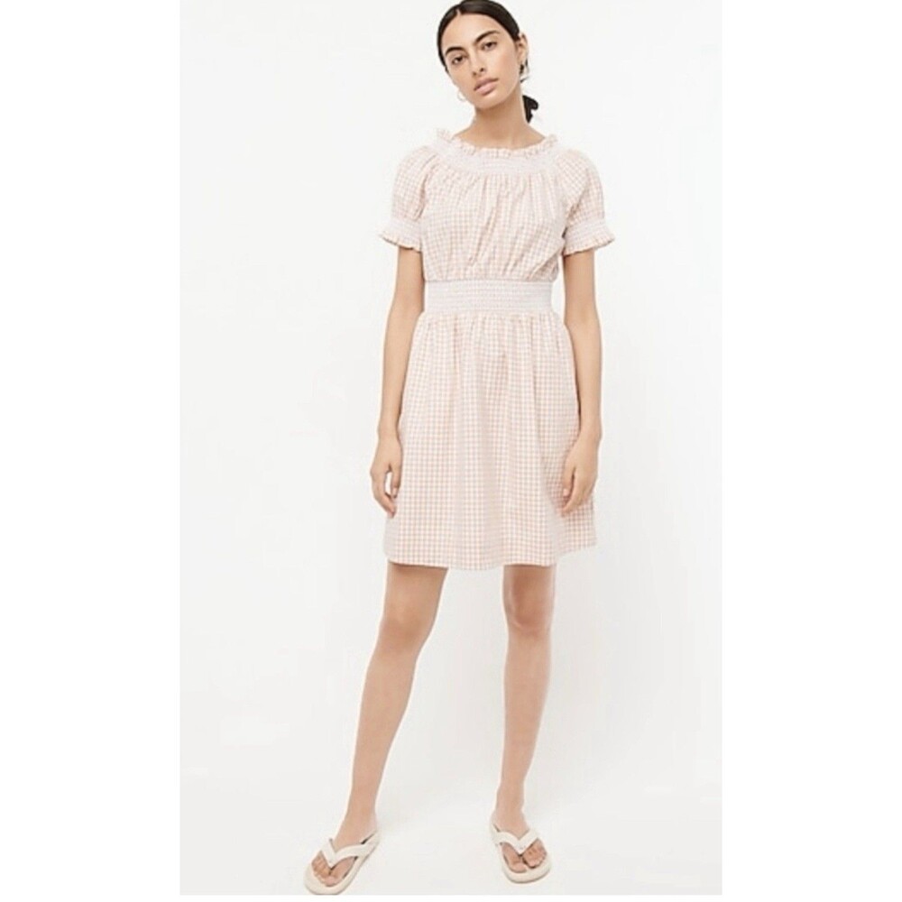 J.Crew Smocked 100% Cotton Puff-Sleeve Lined Poplin Dress Tan White Gingham Sz M